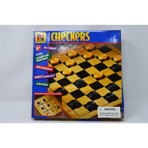 Pavilion Solid Checkers & Tic-Tac-Toe 2-Sided Oak Finish Board with Wood Pieces